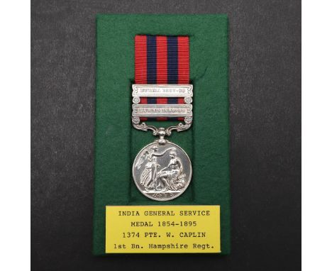 A TWO CLASP INDIAN GENERAL SERVICE MEDAL 1854-1895 TO THE HAMPSHIRE REGIMENT. A Queen Victoria India General Service Medal wi