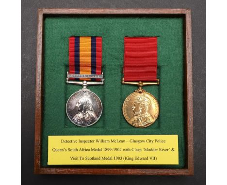 A BOER WAR AND POLICE PAIR TO A FAMOUS DETECTIVE AND CASUALTY AT MODDER RIVER. A pair comprising Queen's South Africa Medal w