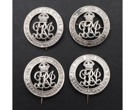 A COLLECTION OF FOUR FIRST WORLD WAR SILVER WAR BADGES. Silver War Badges to: NZ 27696 W.A. North 9th Bn WRWK 23.9.14-10;4;16