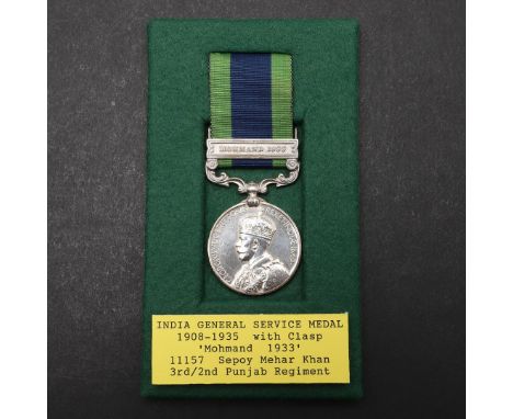AN INDIAN GENERAL SERVICE MEDAL 1908 - 1935 WITH MOHMAND 1933 CLASP TO THE PUNJAB REGIMENT. A George V India General Service 