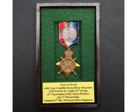 A 1914-15 STAR TO A CASUALTY WITH THE SPORTSMAN'S BATTALION. A 1914-15 Star named to 3345 Pte M. Teglio R. Fus. With a Lady C