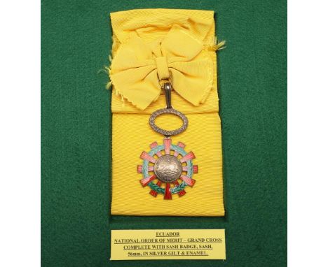 ECUADOR: AN ECUADORIAN NATIONAL ORDER OF MERIT, GRAND CROSS. The Grand Order of Merit, Grand Cross in silver gilt and red and