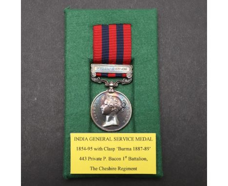 AN INDIA GENERAL SERVICE MEDAL 1854-1895, WITH BURMA 1887-1889 CLASP TO THE CHESHIRE REGIMENT. An India General Service Medal