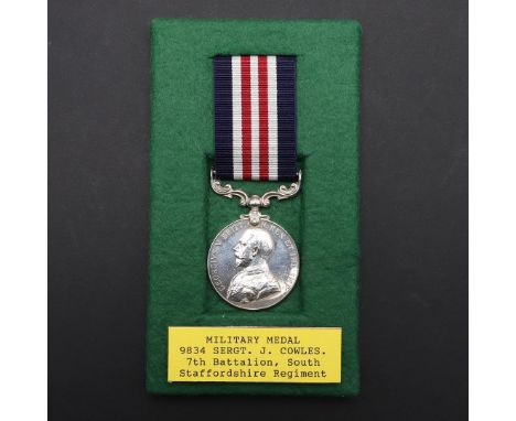 A GEORGE V MILITARY MEDAL. A Military Medal named to 9834 Sjt J. Cowles 7/S Staff. R. Jonathan Cowles was wounded on the 3rd 