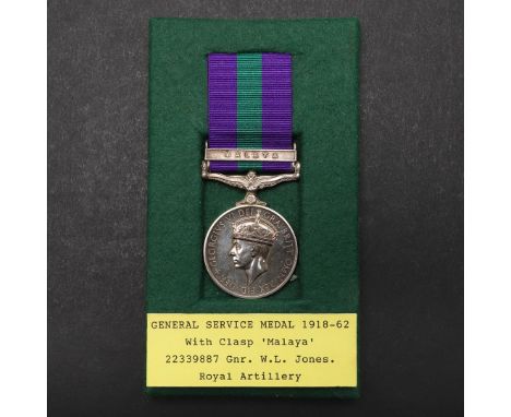 A GENERAL SERVICE MEDAL 1918-1962 WITH MALAYA CLASP TO THE ROYAL ARTILLERY. A George VI General Service Medal with Malaya cla