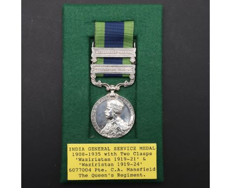 AN INDIAN GENERAL SERVICE MEDAL 1908-1935 WITH WAZIRISTAN 1919-21 AND WAZIRISTAN 1921-24 CLASPS TO THE QUEEN'S REGIMENT. A tw