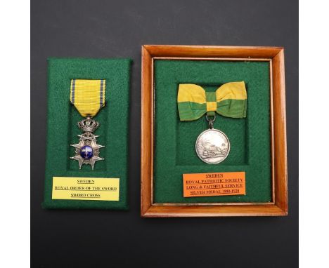 SWEDEN: ROYAL ORDER OF THE SWORD AND PATRIOTIC SOCIETY MEDAL. A Swedish Royal Order of the Sword with eight pointed star and 