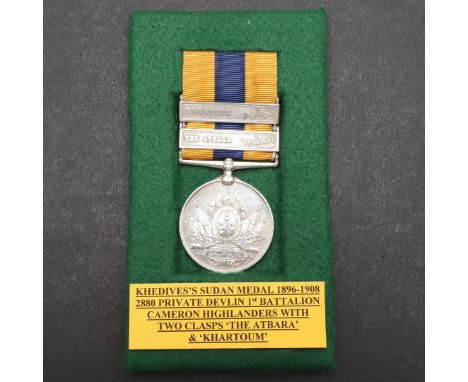 A TWO CLASP KHEDIVE'S SUDAN MEDAL 1896-1908 TO THE CAMERON HIGHLANDERS. A Khedive's Sudan Medal with The Atbara and Khartoum 