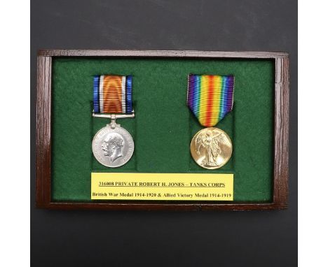 A FIRST WORLD WAR PAIR TO THE TANK CORPS. A Great War pair comprising War and Victory Medals named to 316088 Pte R. H. Jones 