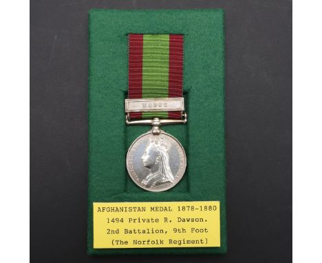 AN AFGHANISTAN MEDAL 1878-80 WITH KABUL CLASP TO THE 9TH FOOT (NORFOLK REGIMENT). An Afghanistan medal with Kabul clasp named
