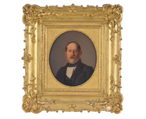 Ecole suisse (XIXe s.), Portrait d'homme à la moustache, huile sur carton, format ovale, 28x24,5 cm 