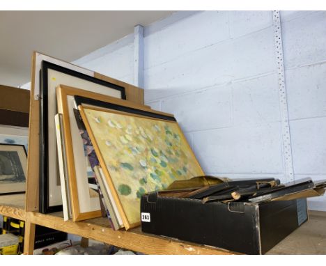 Shelf of pictures, various, mainly prints