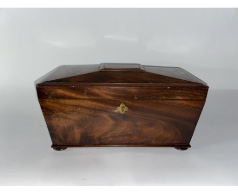 A Victorian mahogany tea caddy of sarcophagus form, with fitted interior, raised on four bun feet, 20cm x 35cm x 19cm