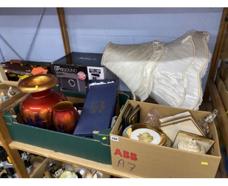 Two boxes of assorted to include lampshades, boxed Television speaker and decorative iridescent glass vases