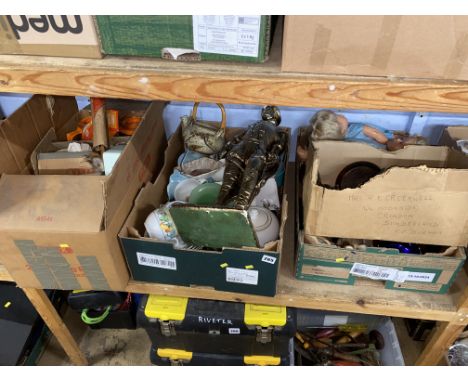 A shelf lot of four boxes, including dolls, chinaware etc