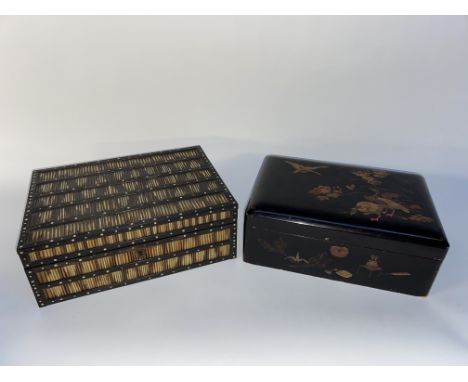 A Victorian quill box, with compartmented interior 10cm x 29cm x 21cm and a lacquered Oriental table box