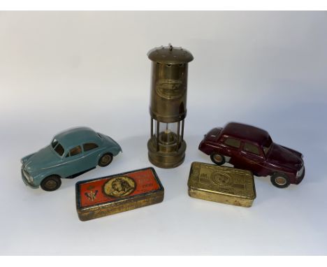 A brass cased Miner's lamp by E. Thomas and Williams Limited of Aberdore, two commemorative tins including a Christmas 1914 t