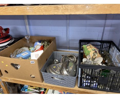 A shelf of three boxes of silver plated wares, Beswick Ware, Hummel, two 19th Century portrait miniatures and Bunny Rabbit ca
