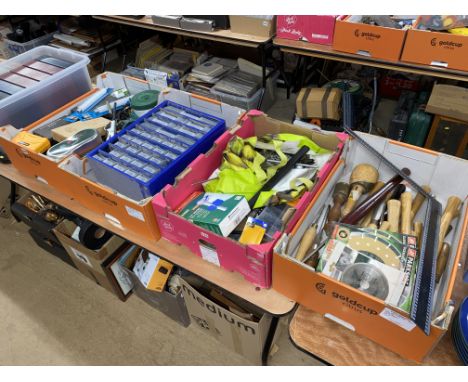 Four trays of chisels, drill bits, screws etc