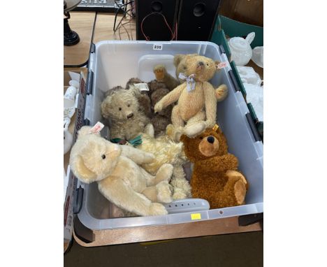 Box containing three modern Steiff bears and other bears