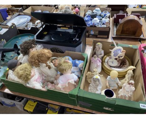 Modern record player, a box of dolls and a box of Moorcroft china figures