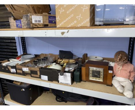 Four boxes of china, a walnut clock, doll etc