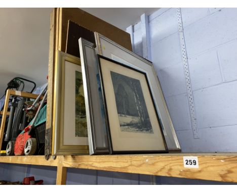 Shelf of pictures, various, mainly prints