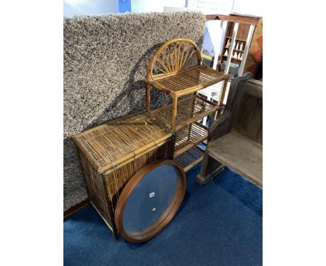 Teak circular mirror, a bamboo shelf and linen box