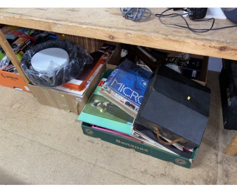 Three boxes of LPs, typewriter, barometer etc