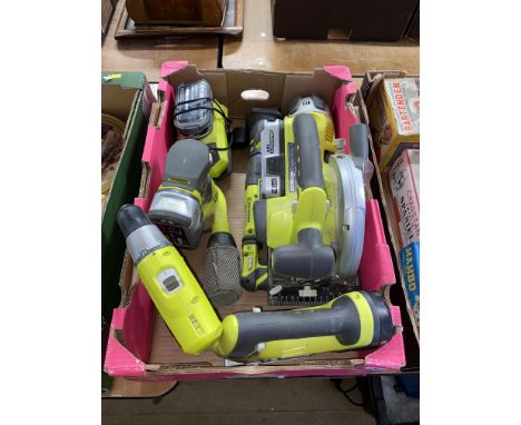 A box of six Ryobi woodworking tools, each with a battery and a charger