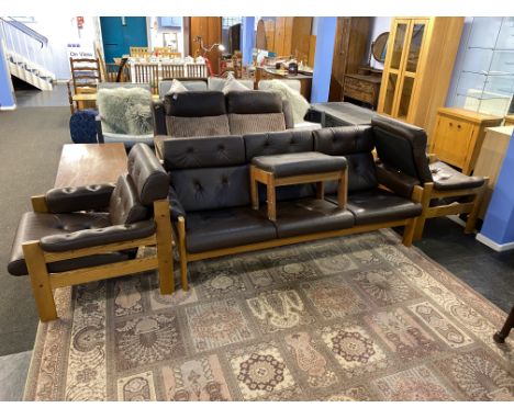 A light oak framed, brown leather three piece suite, by Ekornes