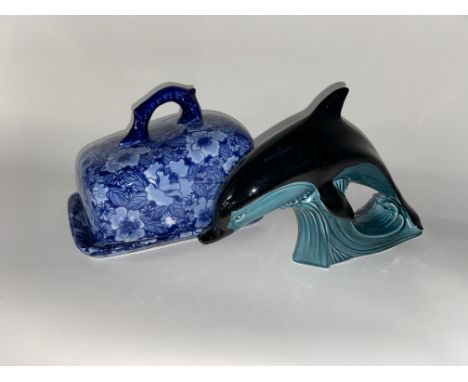 A Regency Ironstone blue and white cheese dish and cover, together with a Poole Dolphin study