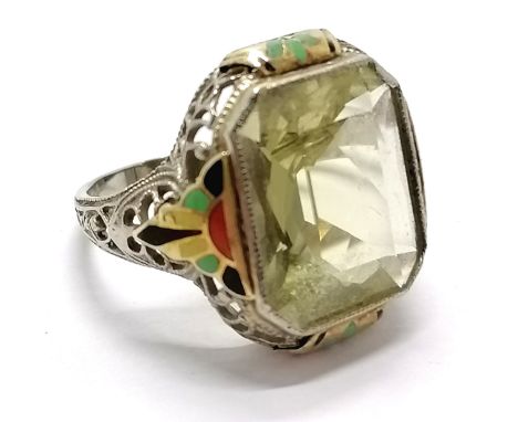 Art Deco unmarked gold citrine ring with enamel detail - size J½ &amp; 4.4g total weight ~ slight losses to enamel detail 