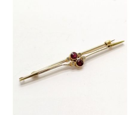 Antique 15ct marked gold ruby &amp; diamond bar brooch - 6.4cm &amp; 4.1g total weight ~ has distortion + edge of millegrain 