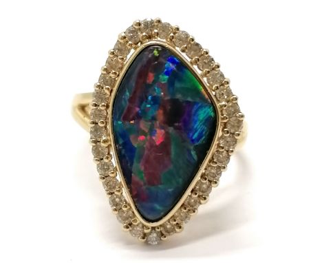 14ct marked gold black opal &amp; diamond cluster ring - size N½ &amp; 4.9g total weight 