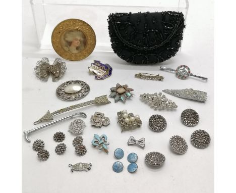 Antique steel cut &amp; enamel buttons, vintage gilt metal (half) buckle - 6.4cm, 2 silver brooches (a/f) etc - SOLD ON BEHAL