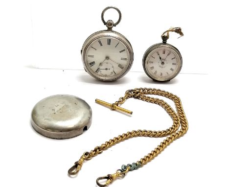 2 x antique silver cased pocket watches - smallest 34mm case &amp; lacks ring t/w gilt metal double albert chain ~ all for sp