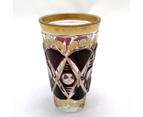 Antique Bohemian overlaid glass tumbler with ruby &amp; gilded detail - 9cm high ~ slight wear to gilding but no obvious dama