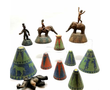 Quantity of studio pottery circus themed figures including 3 elephant figures 2 with riders and the other detached from it's 