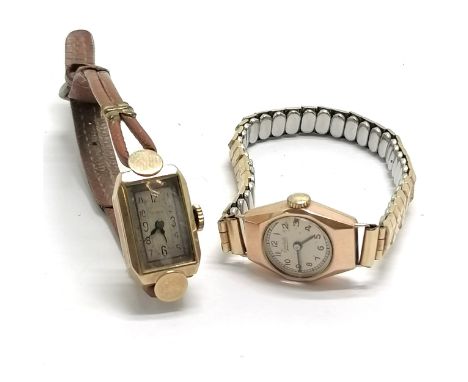 2 x 9ct gold cased ladies manual wind Art Deco wristwatches - Hirco &amp; Everite on leather &amp; gold plated straps - 25.8g