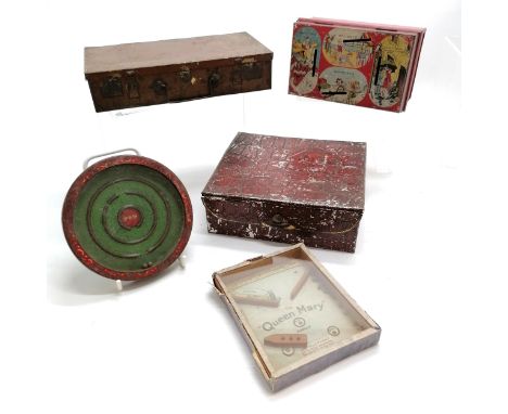 2 x vintage games inc Queen Mary puzzle t/w 3 vintage tins (1 in the form of a suitcase - 20cm x 10cm x 4cm)