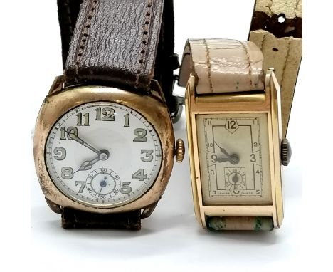 2 x Rolled gold cased vintage Gents manual wind wristwatches - cushion shaped 30mm &amp; runs ~ both for spares / repairs 