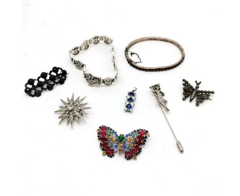 Qty of jewellery inc some antique, 950 silver bracelet (18cm &amp; 21g total weight), garnet set bangle, steel cut butterfly 