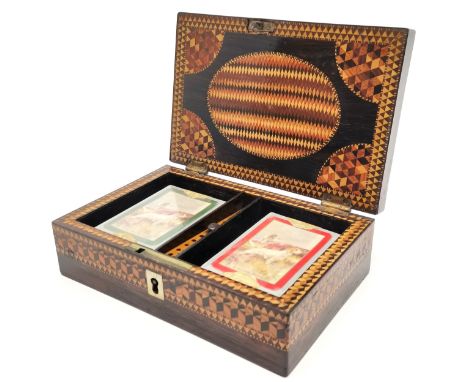 Antique Tunbridge wear cribbage games box with profuse decoration and cribbage board top - 17cm x 11cn x 5.5cm. 2 unopened pa