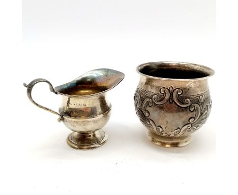 Antique 1906 Birmingham hallmarked embossed sugar basin ~ 8cm diameter t/w 1928 S Blanckensee Son Ltd milk jug - total weight