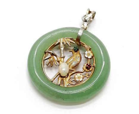 Hardstone jade pendant with inset bird panel with opal &amp; red / green stone detail - 3.2cm diameter 