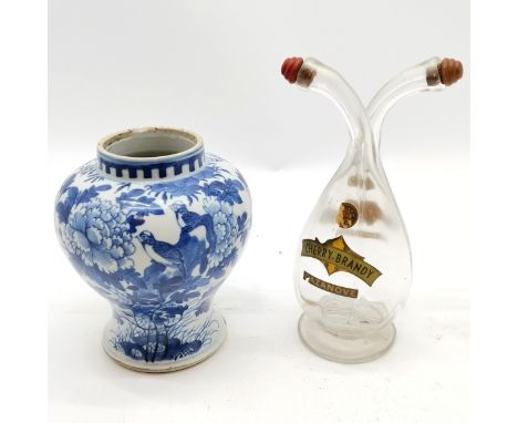 Antique Chinese blue &amp; white decorated pot with bird / flower detail (16cm high) - has chip to rim &amp; firing fault to 