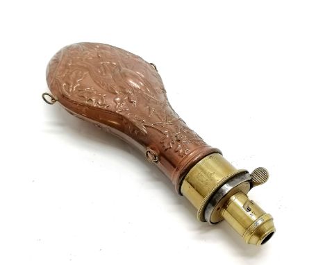 Vintage copper &amp; brass shot powder flask by Handsome &amp; Co RSTN - 21cm long and in overall good used condition 