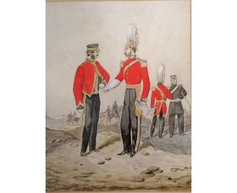 Watercolour painting of some military men signed C Howell - frame 40cm x 33cm 