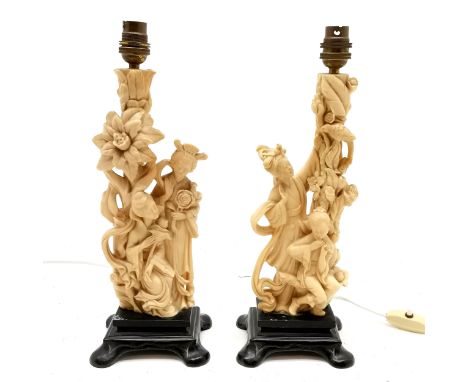 Pair of vintage A Santini Oriental figural lamp bases 36cm high T/W 2 black contemporary shades 